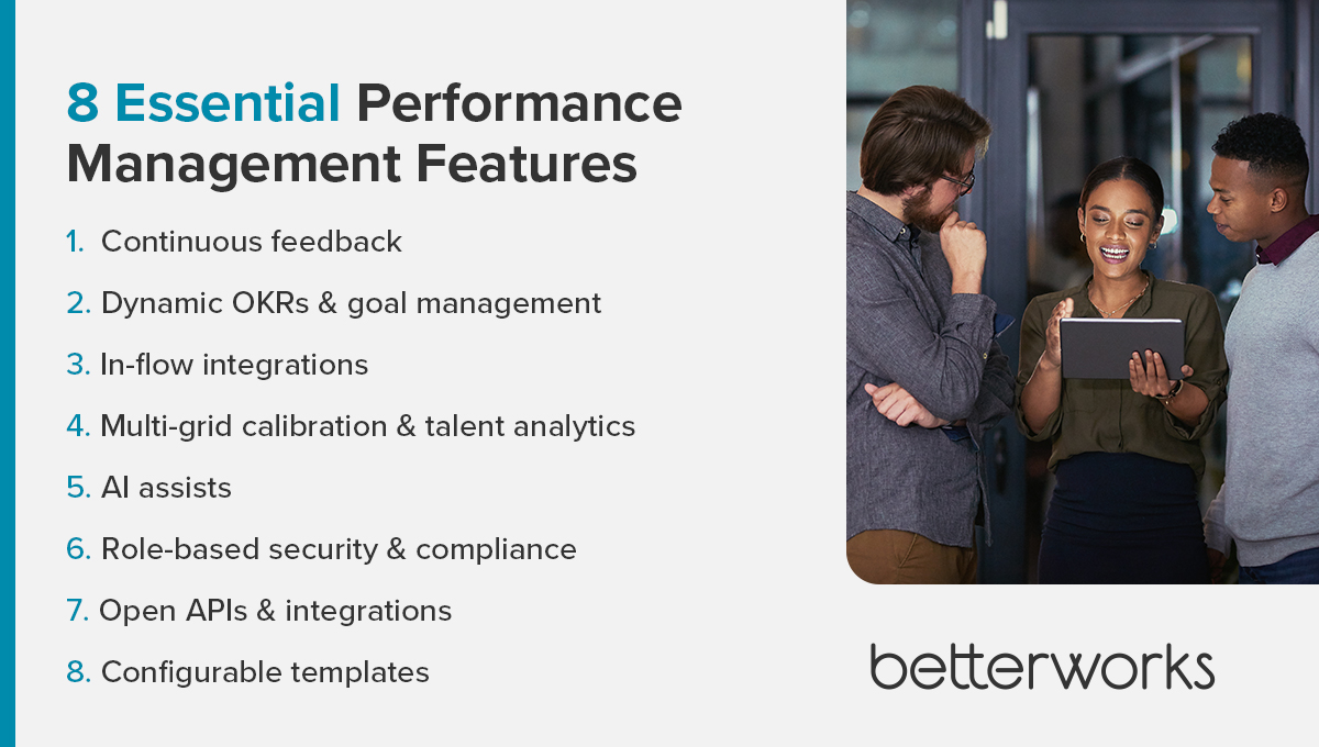 The image title is "8 Essential Performance Management Features." There are 8 of them:
1. Continuous feedback
2. Dynamic OKRs & goal management
3. In-flow integrations
4. Multi‑grid calibration & talent analytics
5. AI assists
6. Role‑based security & compliance
7. Open APIs & integrations
8. Configurable templates 
