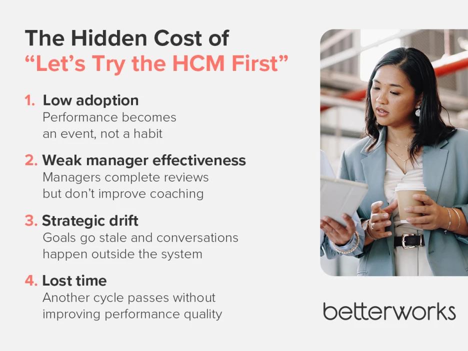 Four-part visual outlining the consequences of using HCM alone for performance management