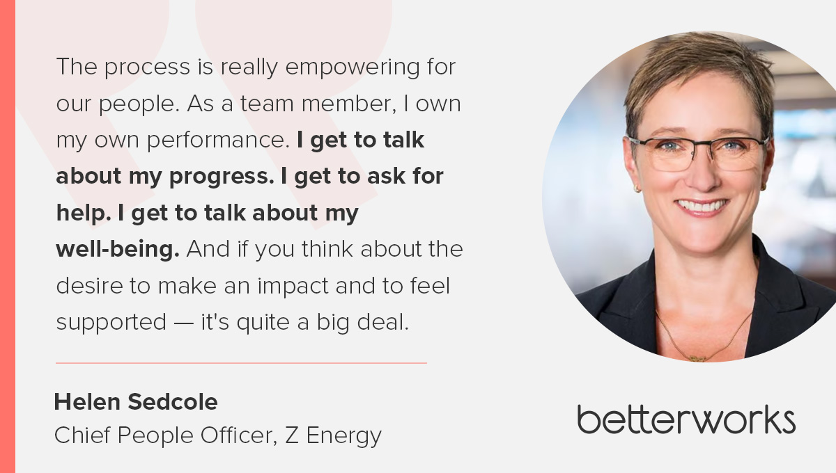 Customer quote card featuring Helen Sedcole, Chief People Officer at Z Energy, on how performance enablement empowers employees to own their own development
