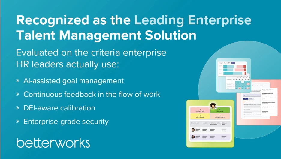 Lighthouse Research & Advisory badge recognizing Betterworks as a leading enterprise talent management solution with AI goals, feedback, DEI, and security features