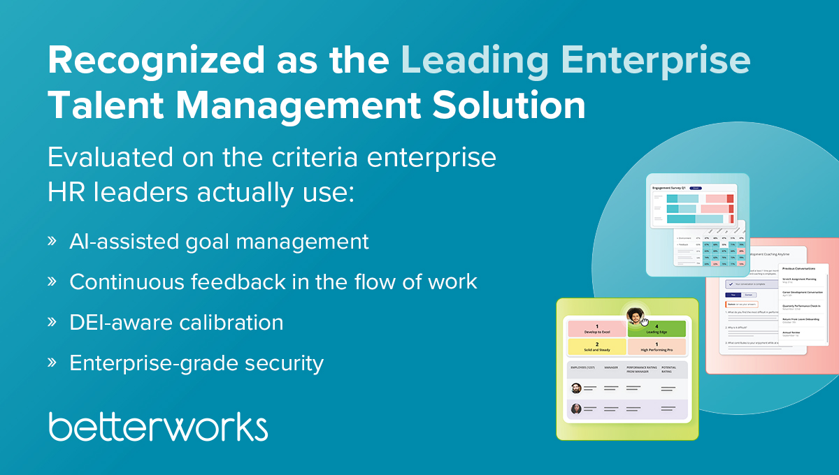 Lighthouse Research & Advisory badge recognizing Betterworks as a leading enterprise talent management solution with AI goals, feedback, DEI, and security features