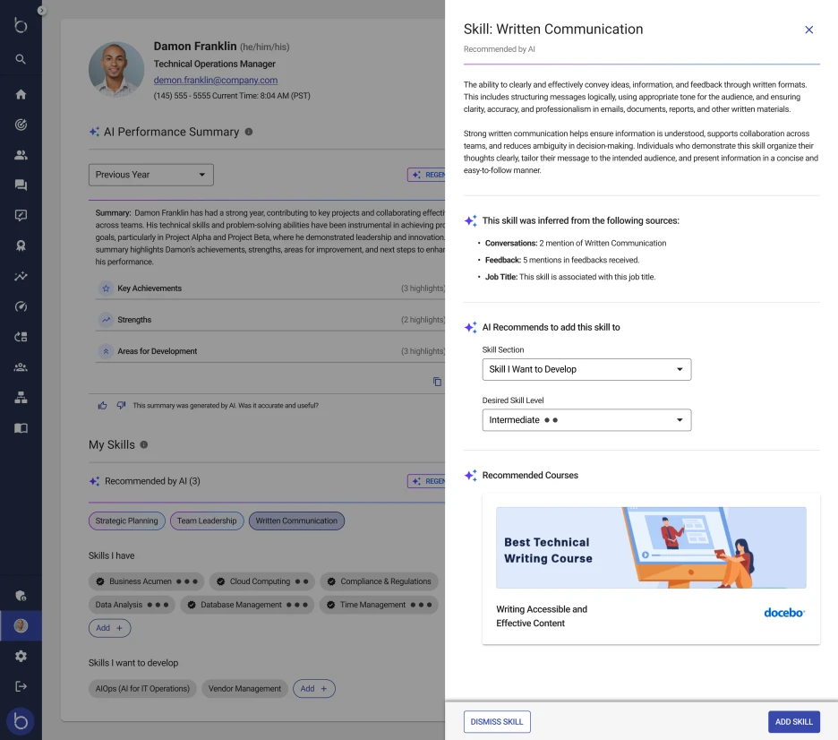 talent profile screen in Betterworks showing AI recommended skills