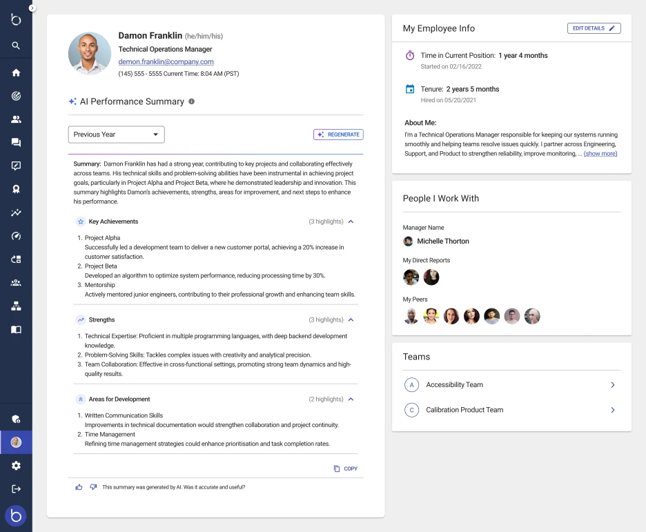 Betterworks platform - view of the Unified Talent Profile dashboard