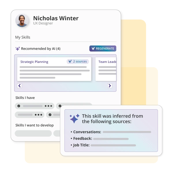Betterworks talent profile showing AI-recommended skills for an employee, with a tooltip explaining the skill was inferred from conversations, feedback, and job title