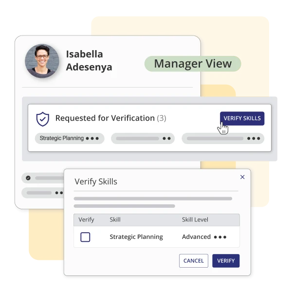 Betterworks manager view showing skills requested for verification, with a panel for confirming an employee's skill and proficiency level.
