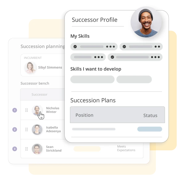 Betterworks successor profile showing an employee's current skills, skills they want to develop, and active succession plans.