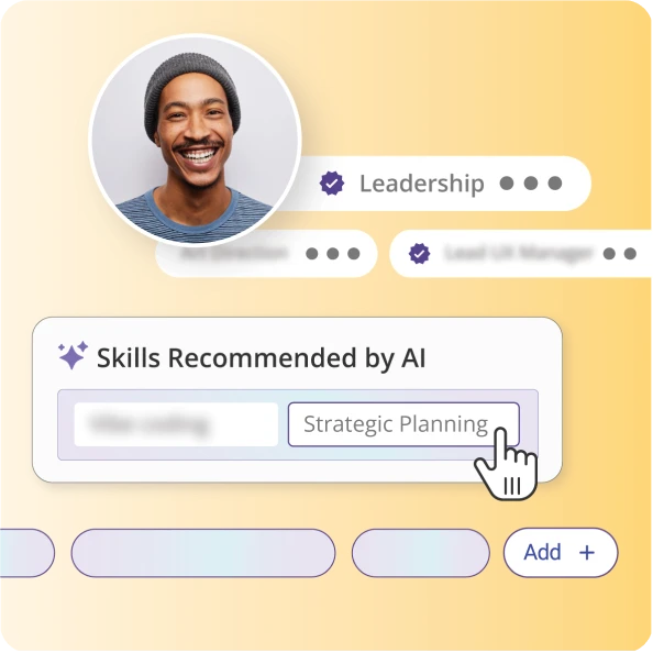 Betterworks skills panel showing an AI-recommended skill with a tooltip explaining it was inferred from conversations, feedback, and job title.